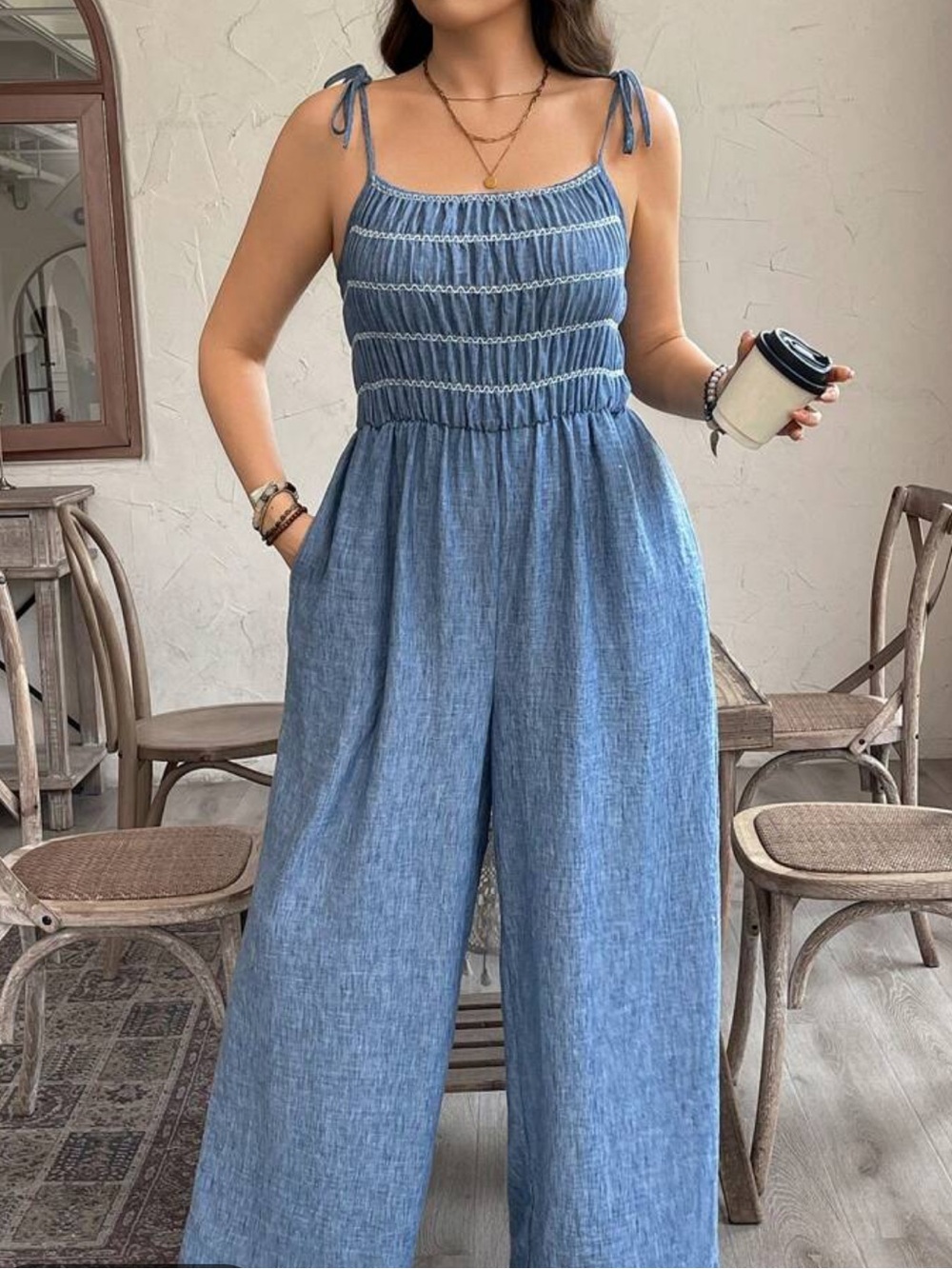 SHEIN Light Blue Smocked Wide-Leg Jumpsuit